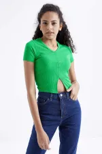 Tommylife Wholesale Green Basic Front Slit V-Neck Women's Crop Top T-Shirt - 97206