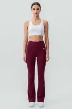 Tommylife Toptan Bordo Esnek Yüksek Bel Spor Performans Kadın İspanyol Paça Tayt - 94686