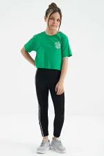 Tommylife Toptan Yeşil Ön Arka Baskılı O Yaka Düşük Omuz Oversize Kısa Kollu Kız Çocuk T-Shirt - 75126