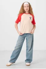 Tommylife Toptan O Yaka  Pamuklu Baskılı Oversize Fit Kız Çocuk T Shirt 75179 Bej