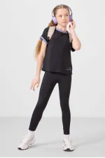 Ensemble de leggings Tommylife Wholesale pour filles, col rond, rayures latérales, coupe standard, noir, réf. 75191