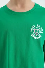 Tommylife Toptan Yeşil Ön Arka Baskılı O Yaka Düşük Omuz Oversize Kısa Kollu Kız Çocuk T-Shirt - 75126