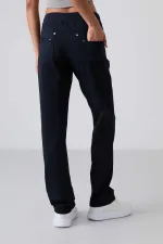 Tommylife Toptan Lacivert Taş Detaylı Cepli Rahat Form Klasik Paça Kadın Eşofman Altı - 94007