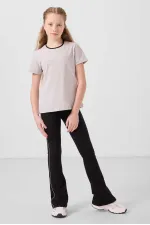 Tommylife Toptan Pamuklu O Yaka Standart Fit Basic İspanyol Paça Kız Çocuk Tayt Takım 75192 Taş Siyah