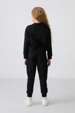 Tommylife Toptan 3-9 Yaş O Yaka Oversize Kız Çocuk Eşofman Takımı 75145 Siyah