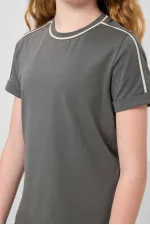 Tommylife Toptan Pamuklu O Yaka Oversize Fit Baskılı Kız Çocuk T Shirt 75177 Haki