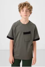 T-shirt garçon Tommylife en coton doux texturé, coupe oversize, avec poche, référence 11295, kaki