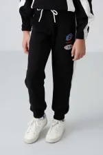 Tommylife Toptan 7-15 Yaş Kapüşonlu Oversize Kız Çocuk Eşofman Takımı 75166 Siyah