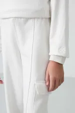 Tommylife Toptan 7-15 Yaş Dik Yaka Standart Kalıp Kız Çocuk Eşofman Takımı 75159 Ekru