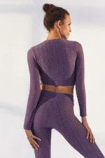 Tommylife Toptan Eflatun Kendinden Desenli O Yaka Uzun Kol Kadın Crop Top T-Shirt - 97153