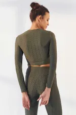 Tommylife Wholesale Light Green Self-Patterned Crew Neck Long Sleeve Women's Crop Top T-Shirt - 97153