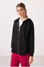 Tommylife Toptan Yumuşak Dokulu Kapüşonlu Oversize Kadın Tunik Sweatshirt - 97302 Siyah