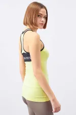 Tommylife Toptan Limon Kolsuz Arka Yazı Detaylı Standart Kalıp Kadın Spor Atlet - 97096
