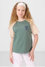 Tommylife Wholesale Crew Neck Cotton Printed Oversize Fit Girls' T-Shirt 75179 Light Green