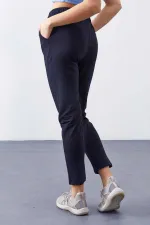 Tommylife Toptan Lacivert Yüksek Bel Jogger Rahat Form Dar Paça Kadın Eşofman Alt - 94566