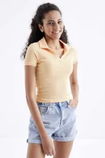 Tommylife Wholesale Orange Polo Collar Basic Short Sleeve Women's Crop Top T-Shirt - 97208