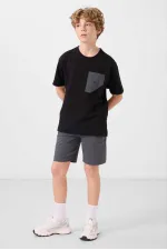 Tommylife Toptan Pamuklu Oversize Fit Dokuma Hafif Esnek Chino Erkek Çocuk Şort Takım 11278 Siyah-Gri