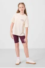 Tommylife Toptan Pamuklu O Yaka Standart Fit Baskılı Kız Çocuk Tayt Takım 75190 Ekru Bordo