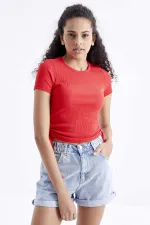 Tommylife Wholesale Pomegranate Blossom Basic Side Gathered O-Neck Women's Crop Top T-Shirt - 97203