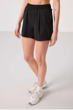 Tommylife Toptan Polyester Gizli Cep Fermuarlı Rahat Form Kadın Şort - 91014 Siyah