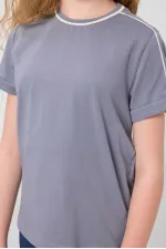 Tommylife Toptan Pamuklu O Yaka Oversize Fit Baskılı Kız Çocuk T Shirt 75177 Koyu Mavi