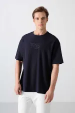Tommylife Wholesale Crew Neck Oversize Printed Men's T-Shirt 88336 Navy Blue