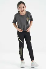 Tommylife Toptan Koyu Gri Ön Arka Baskılı O Yaka Düşük Omuz Oversize Kısa Kollu Kız Çocuk T-Shirt - 75126