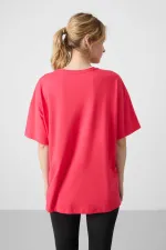 Tommylife Toptan O Yaka Oversize Basic Kadın T-Shirt 97285 Şeker Pembe