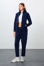 Tommylife Toptan Oversize Dik Yaka Klasik Paça Kadın Polar Eşofman Takımı 95339 Lacivert
