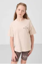 Tommylife Toptan Pamuklu O Yaka Standart Fit Baskılı Kız Çocuk Tayt Takım 75190 Bej Kahverengi