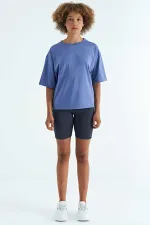 Tommylife Toptan Eflatun O Yaka Baskı Detaylı Oversize Kısa Kol Kadın T-Shirt - 97263