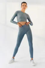 Tommylife Wholesale Mint Green Self-Patterned Crew Neck Long Sleeve Women's Crop Top T-Shirt - 97153