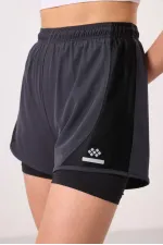 Tommylife Toptan Polyester Gizli Cep Fermuarlı Standart Kalıp Kadın İçi Taytlı Şort - 91015 Antrasit