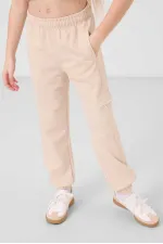 Tommylife Toptan O Yaka Baskılı Lastik Paça Kargo Cepli Kız Çocuk Eşofman Takım 75173 Beyaz Bej