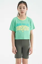 Tommylife Toptan Su Yeşili Renkli Yazı Baskılı O Yaka Oversize  Kısa Kollu Kız Çocuk T-Shirt - 75111