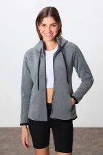 Sweat-shirt polaire à capuche zippé Tommylife Wholesale pour femme, coupe standard, gris chiné 97287