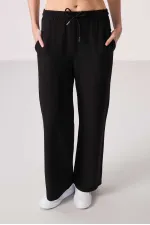 Tommylife Toptan Keten Geniş Paça Rahat Form Kadın Palazzo Pantolon - 94675 Siyah