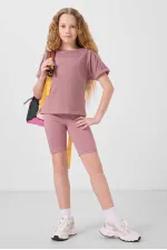 Tommylife Toptan Pamuklu O Yaka Oversize Fit Basic Kız Çocuk T Shirt 75182 Gül Kurusu