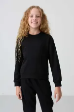 Tommylife Toptan 3-9 Yaş O Yaka Oversize Kız Çocuk Eşofman Takımı 75145 Siyah