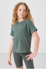 Tommylife Toptan Pamuklu O Yaka Oversize Fit Basic Kız Çocuk T Shirt 75182 Açık Yeşil