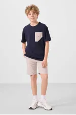 Ensemble short chino garçon Tommylife en coton stretch léger, coupe oversize, taille 11278, bleu marine-pierre