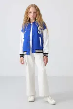 Tommylife Toptan 7-15 Yaş Kolej Yaka Standart Kalıp Kız Çocuk Ceket 75163 Gece Mavi