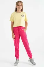 Tommylife Toptan Sarı Ön Arka Baskılı O Yaka Düşük Omuz Oversize Kısa Kollu Kız Çocuk T-Shirt - 75126