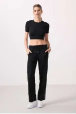 Tommylife Toptan Yumuşak Dokulu Yan Panel Detaylı Geniş Paça Kadın Palazzo Pantolon - 94669 Siyah