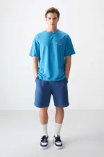 Tommylife Toptan O Yaka Oversize Baskılı Erkek T-Shirt 88375 Petrol Mavi
