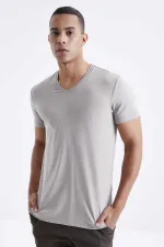 Tommylife Toptan V Yaka Standart Kalıp Basic Erkek T-Shirt 87912 Koyu Bej