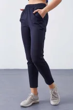 Tommylife Toptan Lacivert Yüksek Bel Jogger Rahat Form Dar Paça Kadın Eşofman Alt - 94566