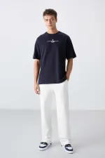 Tommylife Wholesale Crew Neck Oversize Printed Men's T-Shirt 88321 Navy Blue