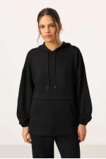 Ensemble tunique de survêtement à capuche oversize pour femme Tommylife, texture douce, vente en gros - 95348 Noir