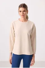 Tommylife Toptan Yumuşak Dokulu O Yaka Rahat Form Kadın Tunik Sweatshirt - 97305 Bej